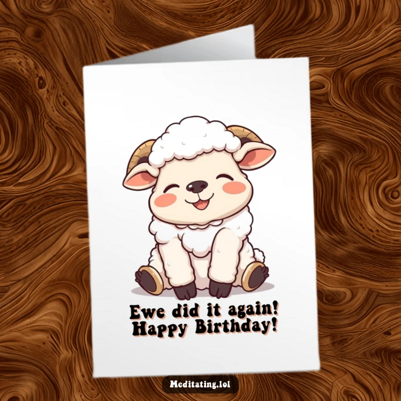 Funny Free Printable Birthday Card: A giggling sheep attempts a super relaxed, funny pose, ready to deliver birthday cheers.