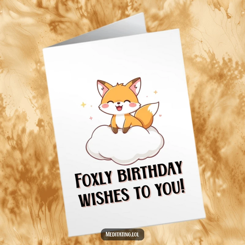Funny Free Printable Birthday Card featuring a joyful fox blissfully floating on a cloud cushion, spreading birthday cheer.