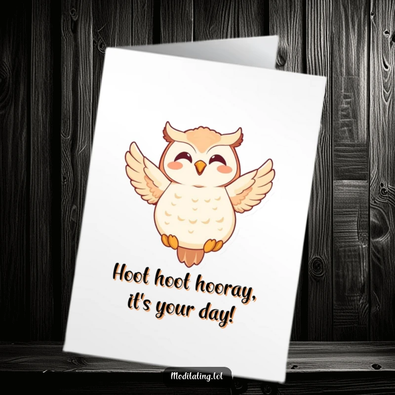 Funny Free Printable Birthday Card: Joyful owl meditating mid-air, spreading birthday cheer with a gentle smile.