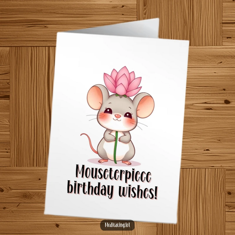 Funny Free Printable Birthday Card featuring a giggling mouse perfectly balancing a tiny lotus flower on its head, radiating pure happiness.