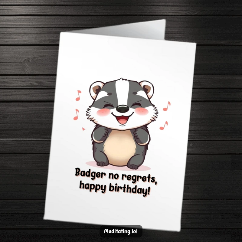 Funny Free Printable Birthday Card featuring a grinning badger humming a gentle, contented tune, spreading birthday happiness.