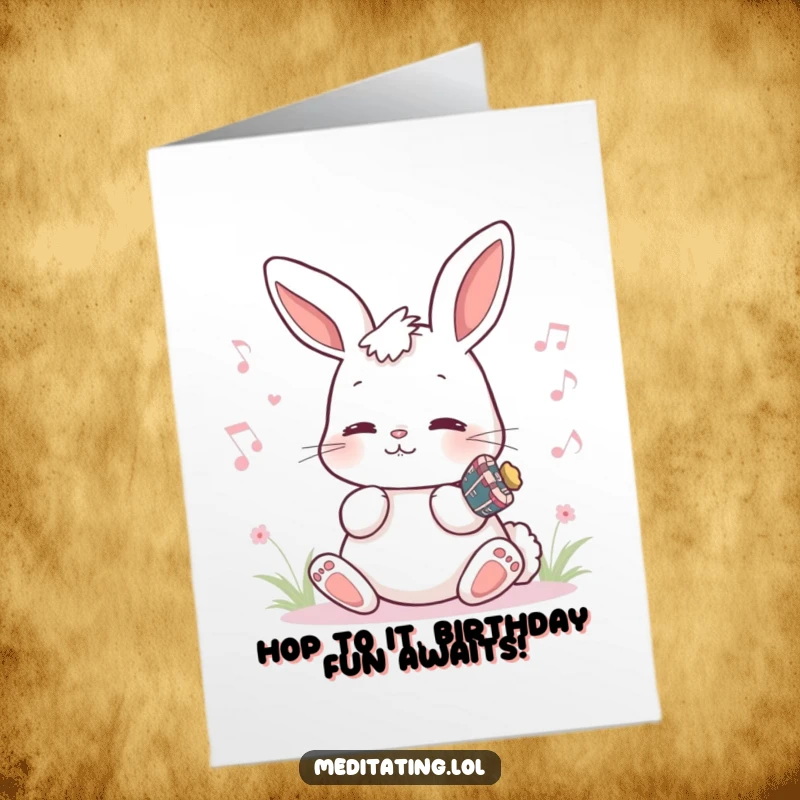 Funny Free Printable Birthday Card: Playful bunny humming a tune, celebrating a birthday with musical cheer.
