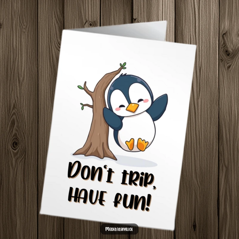 Funny Free Printable Birthday Card: A silly penguin hilariously losing balance while attempting a tree yoga pose.