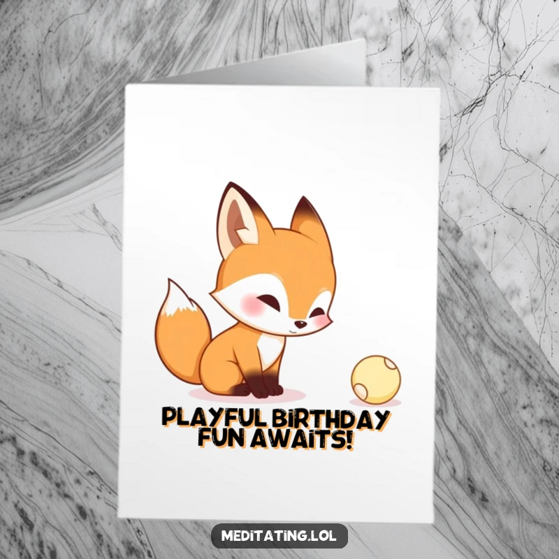 Funny Free Printable Birthday Card: Curious fox intently watching a tiny bouncing ball, full of playful wonder. Downloadable.