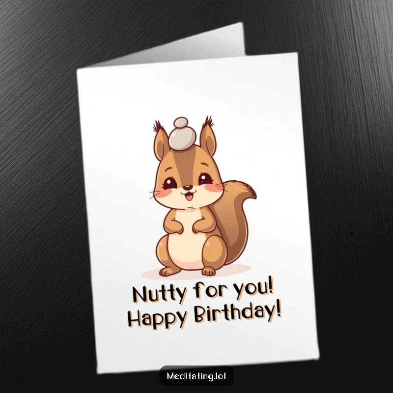 Funny Free Printable Birthday Card: A happy squirrel concentrates intensely, balancing a tiny pebble on its forehead.