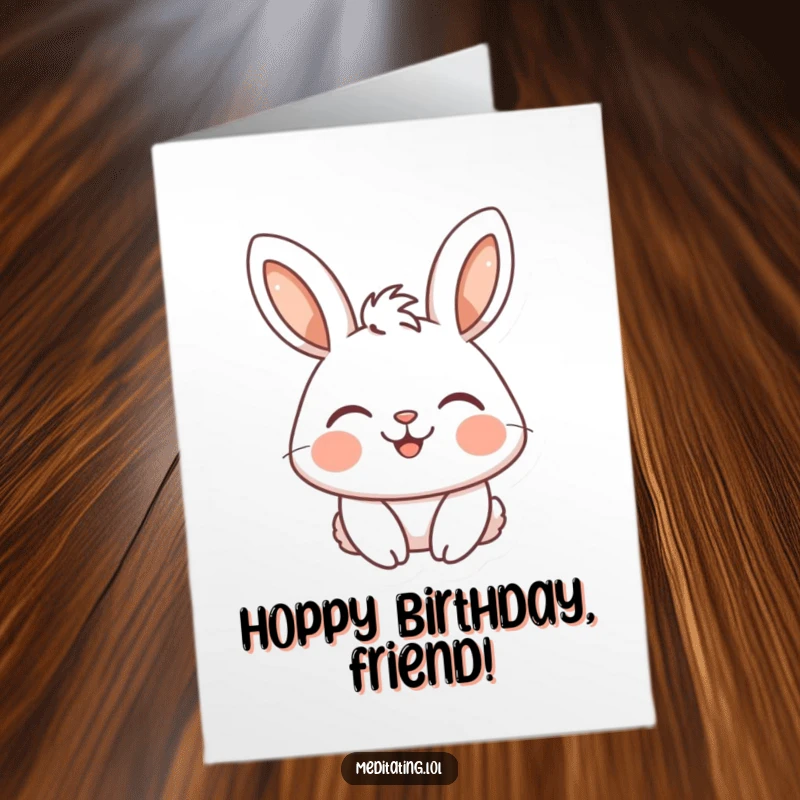 Funny Free Printable Birthday Card: A happy rabbit smiles serenely with closed eyes, conveying peaceful joy and warm wishes.