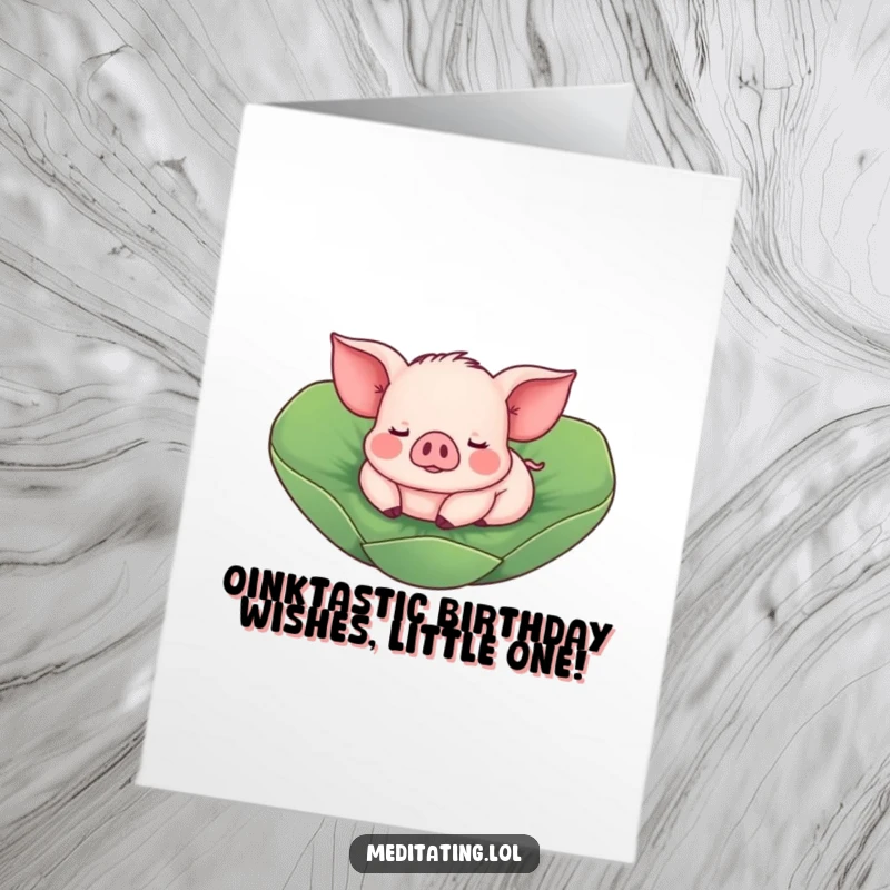 Funny Free Printable Piglet Birthday Card showing a cute piglet joyfully floating on a lotus leaf, ready for a birthday celebration.