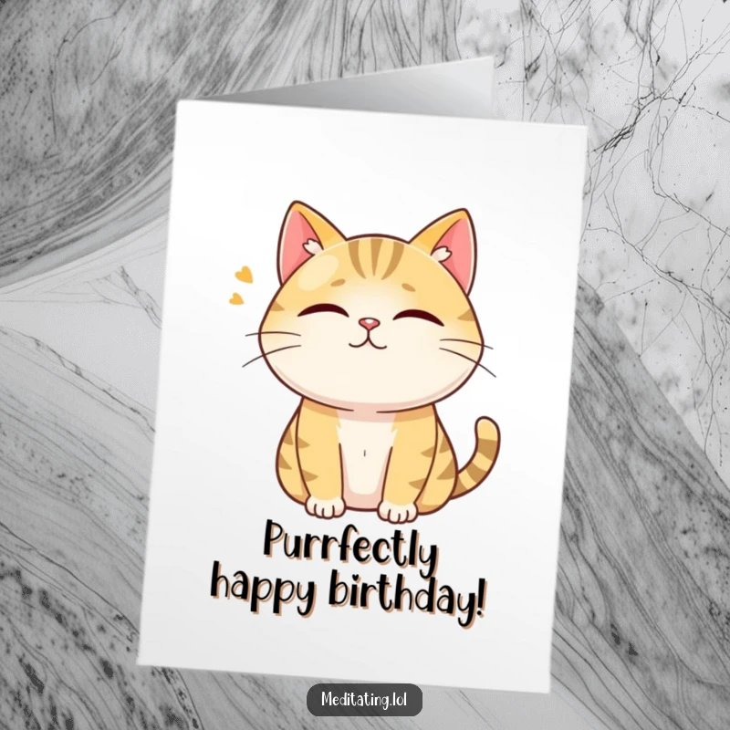 Funny Free Printable Birthday Card: A curious cat hums softly with closed eyes, radiating contentment and birthday cheer.
