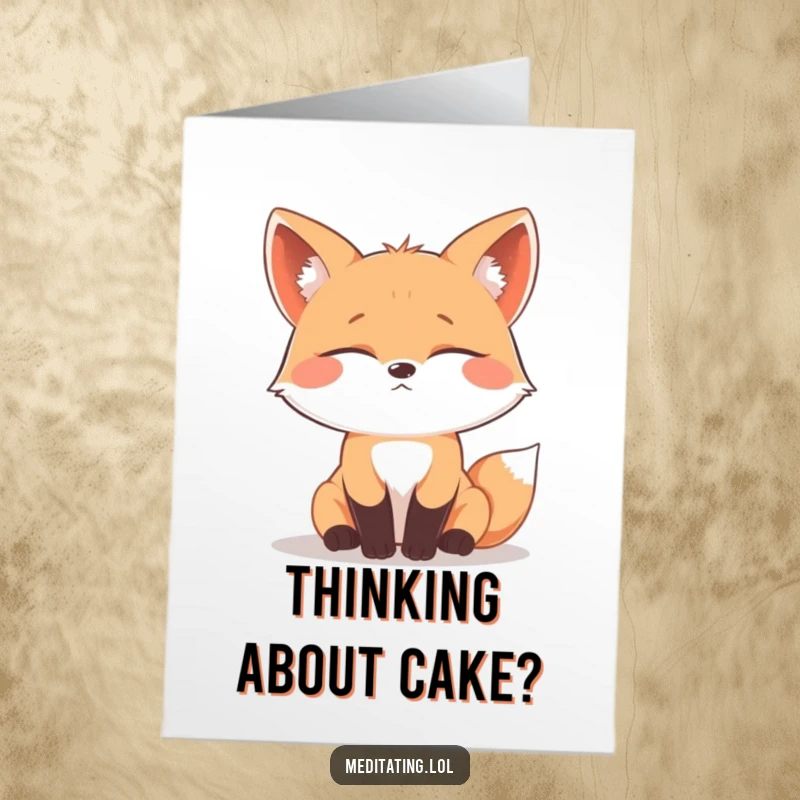 Funny Free Printable Birthday Card: A curious fox with closed eyes ponders deeply, whimsical birthday wish.