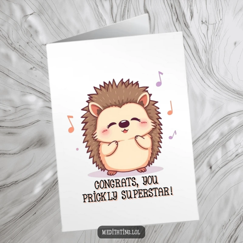 Funny Free Printable Congrats Card: A curious hedgehog hums a contented tune, celebrating success with this downloadable gift.