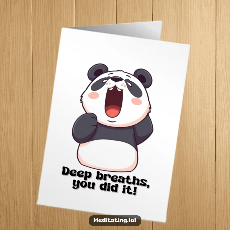 Funny free printable congratulations card of a determined panda taking a deep, visible breath upwards, signifying renewed energy.