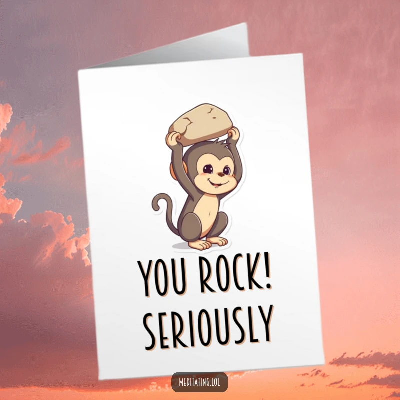 Funny Free Printable Congratulations Card: Playful monkey attempts to balance a large rock on its head, humorous success.