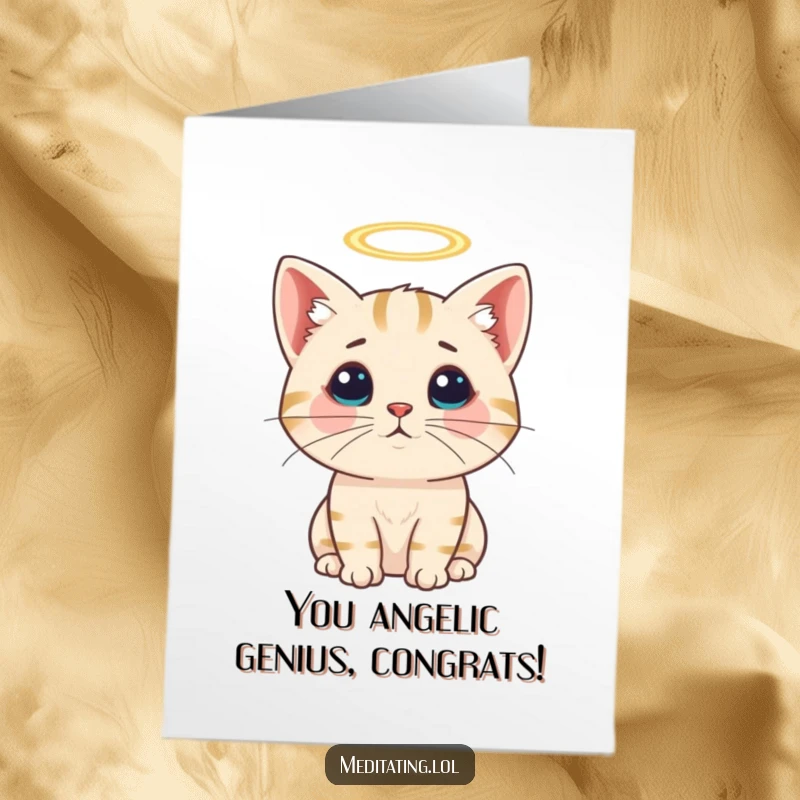 Funny Free Printable Congratulations Card: Curious cat with a tiny halo, looking blessed and celebrating your success.