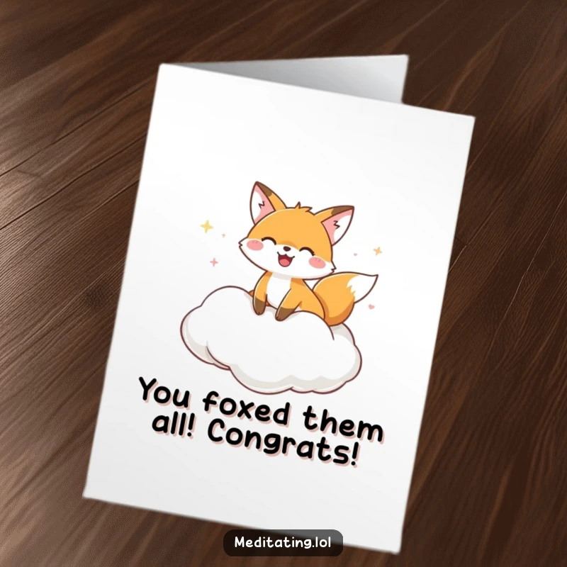 Funny Free Printable Congratulations Card showing a happy fox embracing a soft cloud cushion, symbolizing sweet success.