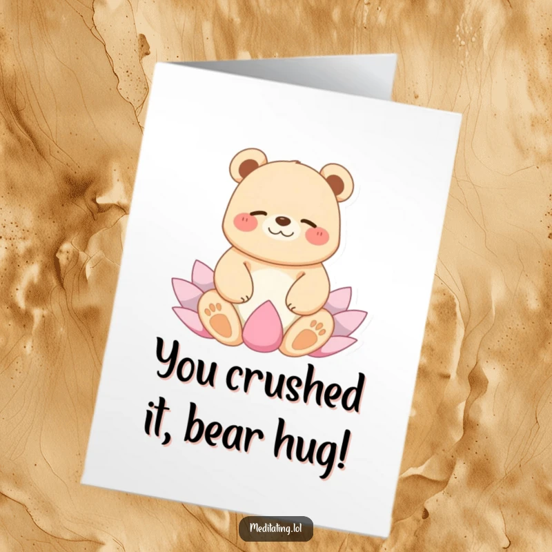Funny Free Printable Congratulations Card: A joyful bear finds inner peace in a yoga lotus position.