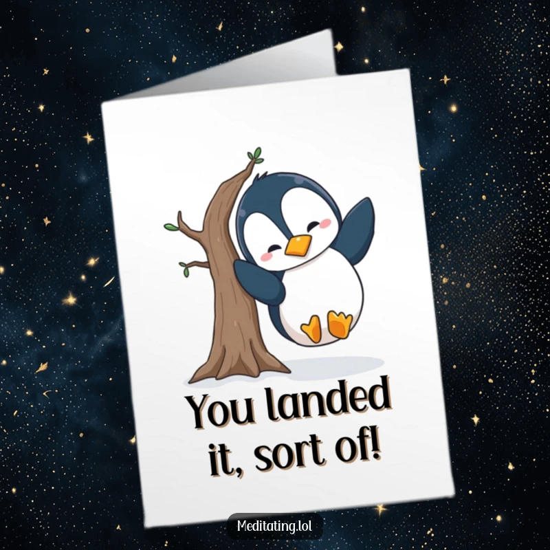 Funny Free Printable Congratulations Card: A penguin tumbling comically after a failed attempt at a tree pose.