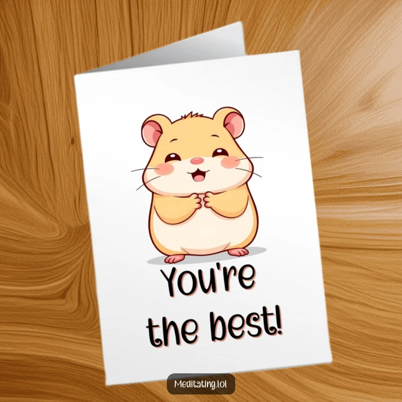 Funny Free Printable Congratulations Card: A happy hamster pauses with paws together, radiating peaceful accomplishment.