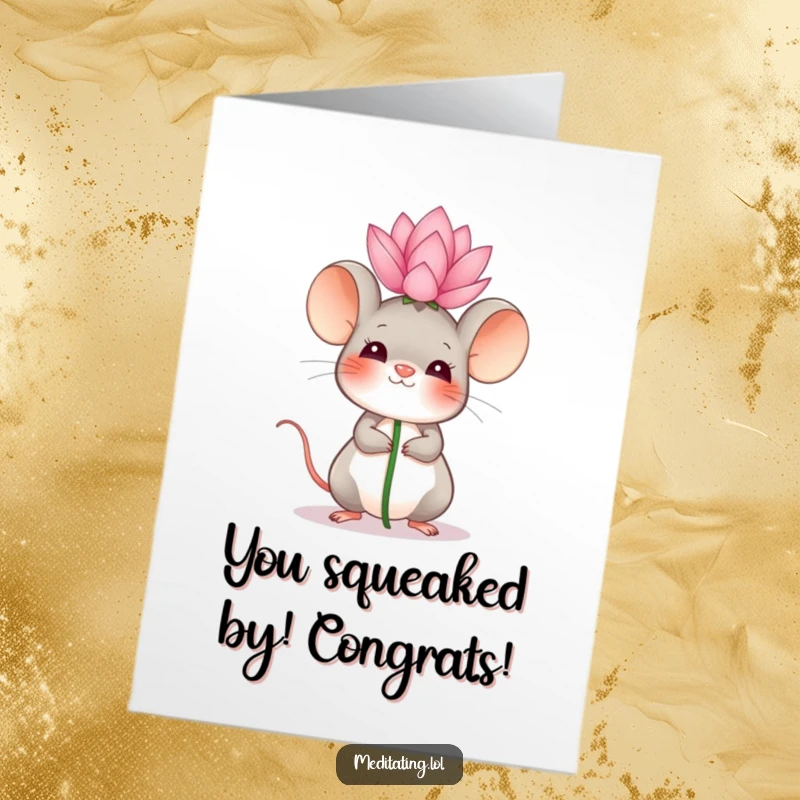 Funny Free Printable Congratulations Card showing a giggling mouse balancing a tiny lotus flower, symbolizing grace and achievement.