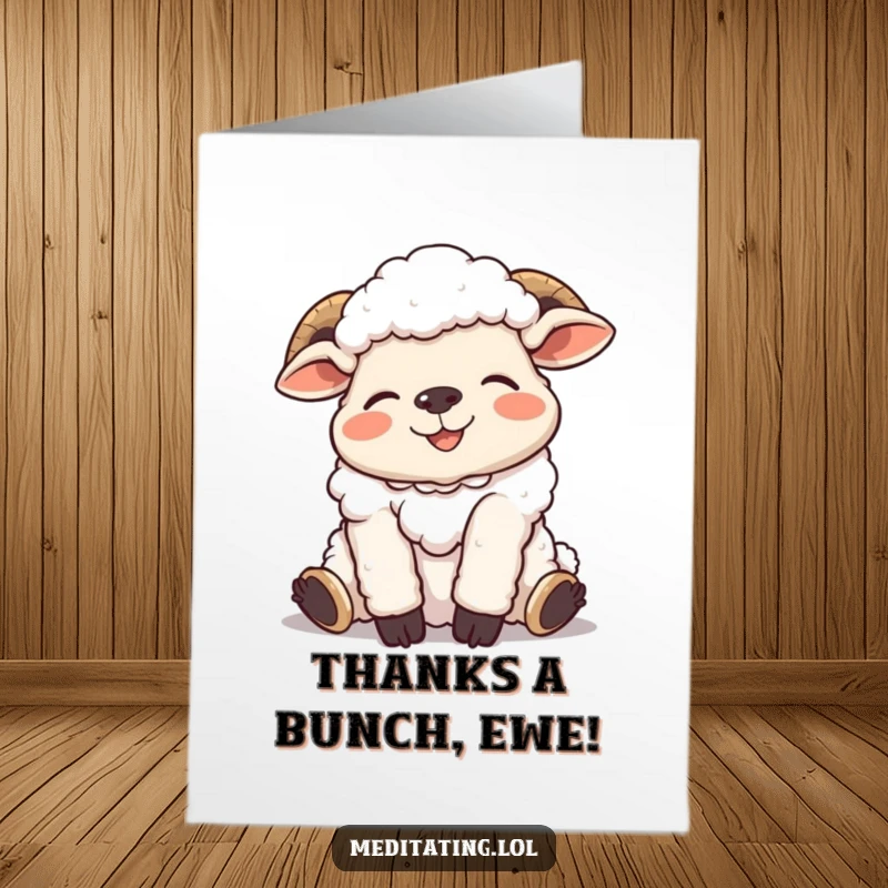 Funny Free Printable Thank You Card: A giggling sheep in a relaxed pose expresses thanks with pure, hilarious joy.