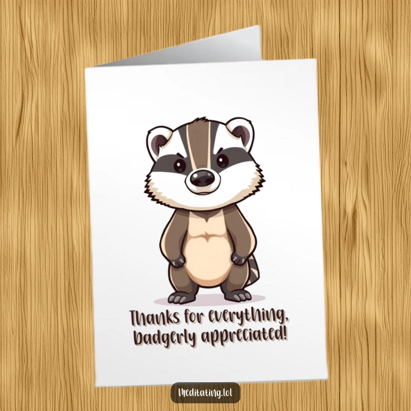 Funny Free Printable Thank You Card: Stoic badger standing firm, expressing heartfelt thanks with a touch of badger bravado.