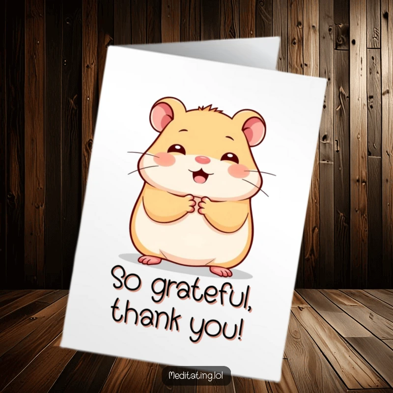Funny Free Printable Thank You Card: A cheerful hamster sits still with paws clasped, perfect for funny gratitude.