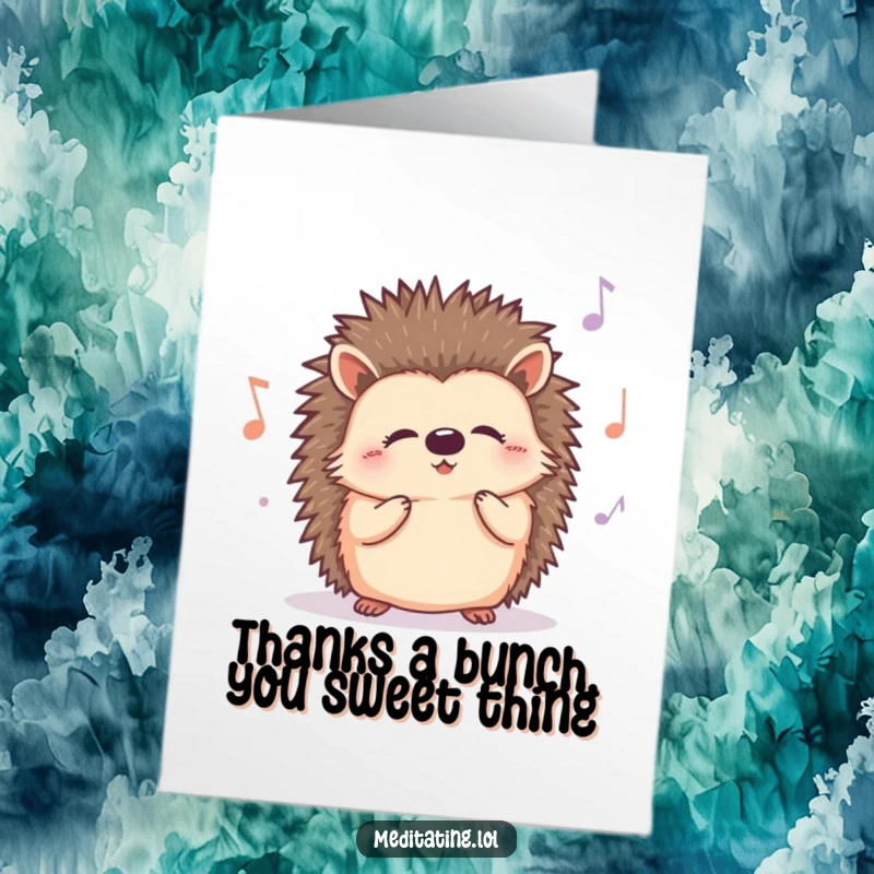 Funny Free Printable Thank You Card: A curious hedgehog hums a contented tune, expressing gratitude in a downloadable gift.