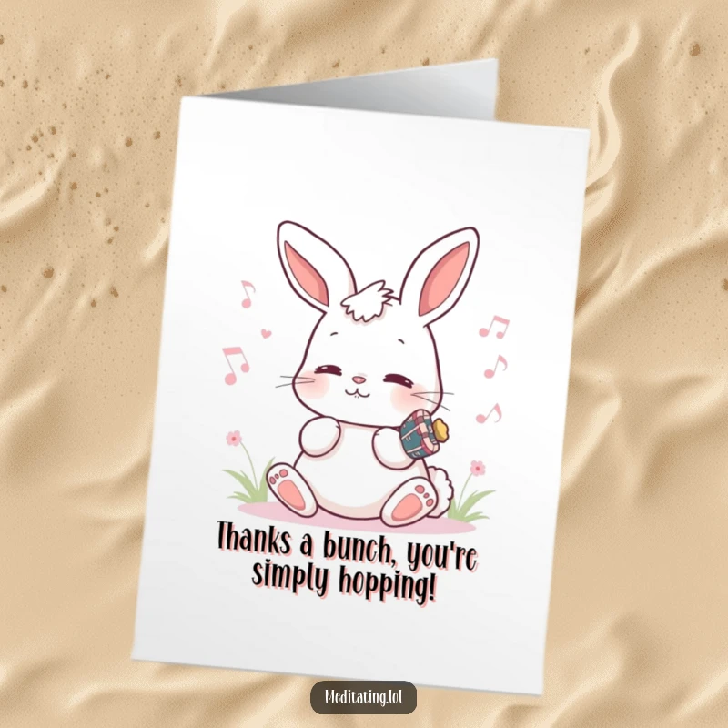 Funny Free Printable Thank You Card: Cute bunny softly humming, expressing thanks with a playful, musical charm.