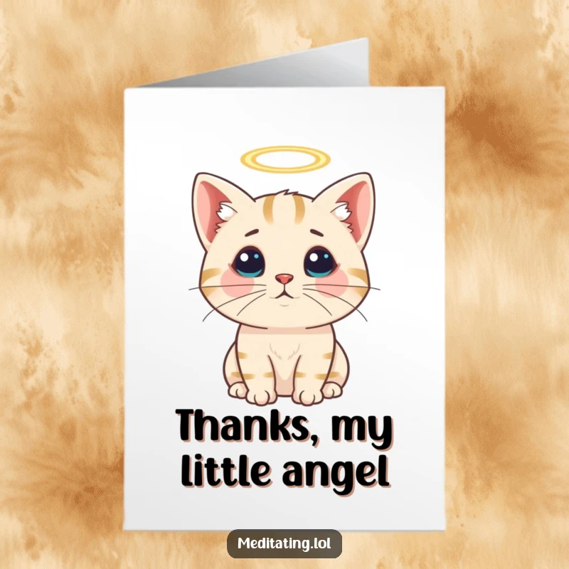 Funny Free Printable Thank You Card: Curious cat with a tiny halo, offering a sweet and innocent thank you.