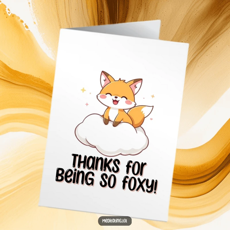 Funny Free Printable Thank You Card with a happy fox in serene repose on a fluffy cloud cushion, conveying deep thanks.