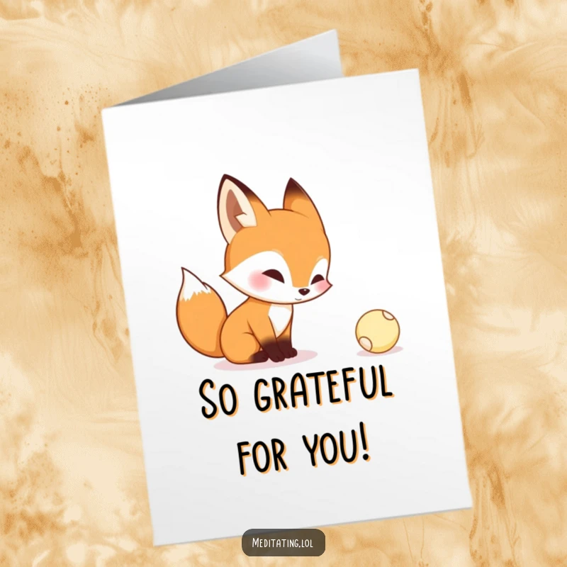 Funny Free Printable Thank You Card: Curious fox observing a bouncing ball, conveying thanks with playful interest. Printable.