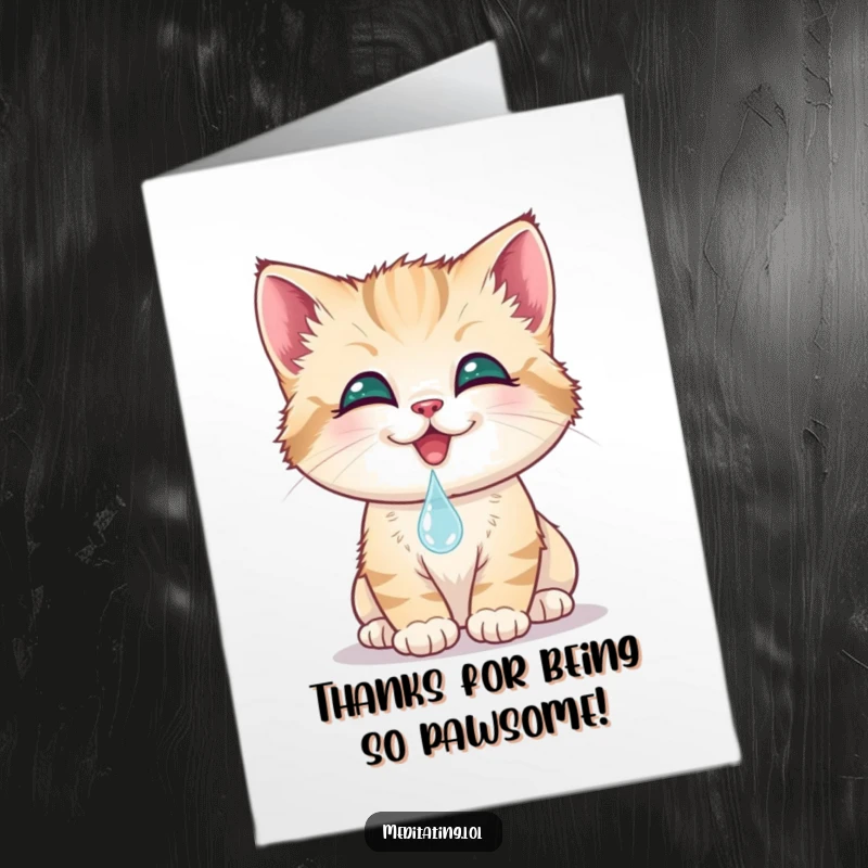 Funny Free Printable Thank You Card: A smiling kitten gently touches a dewdrop, conveying heartfelt thanks with adorable charm.