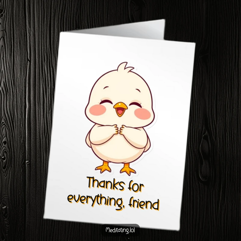 Funny Free Printable Thank You Card: A delighted chick with folded hands shows a peaceful expression, offering thanks.