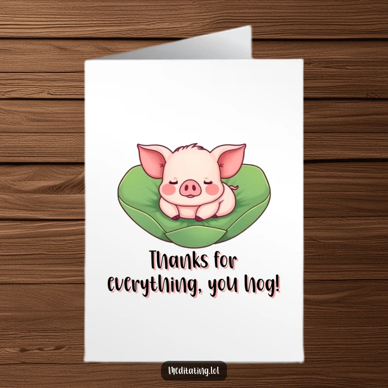 Funny Free Printable Piglet Thank You Card featuring a playful piglet serenely floating on a lotus leaf, expressing heartfelt thanks.