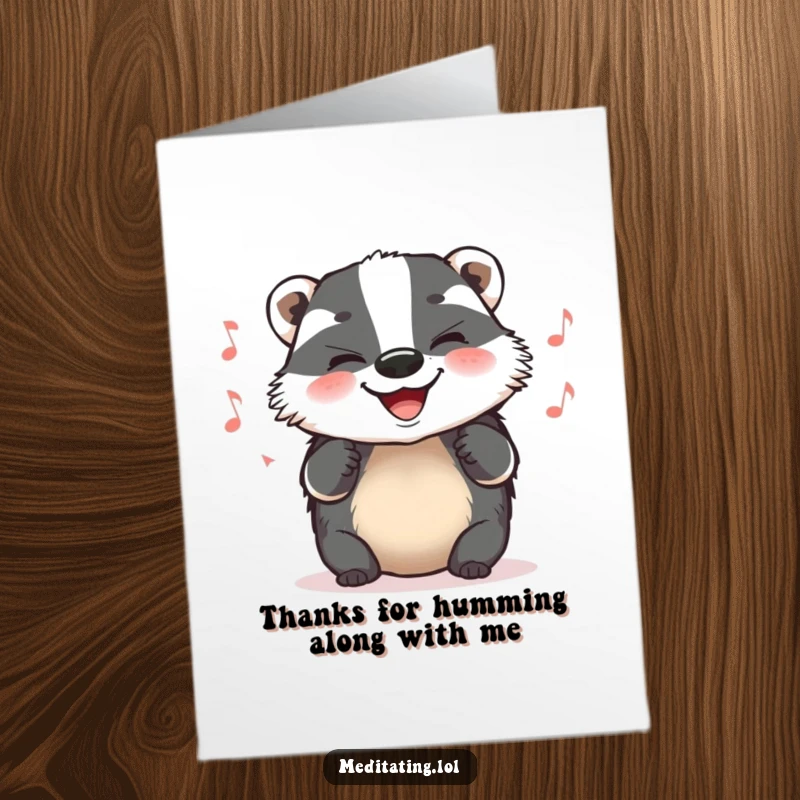 Funny Free Printable Thank You Card with a grinning badger humming a gentle, contented tune, conveying warm appreciation.