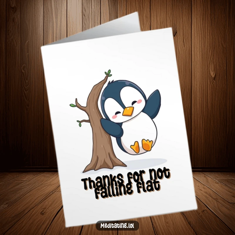 Funny Free Printable Thank You Card: A penguin hilariously falling over while attempting a yoga tree pose.