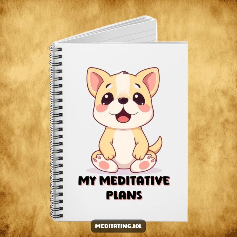 Funny Dog Meditation Notebook: A surprised dog in a wobbly meditation pose, ideal for jotting down notes and ideas.