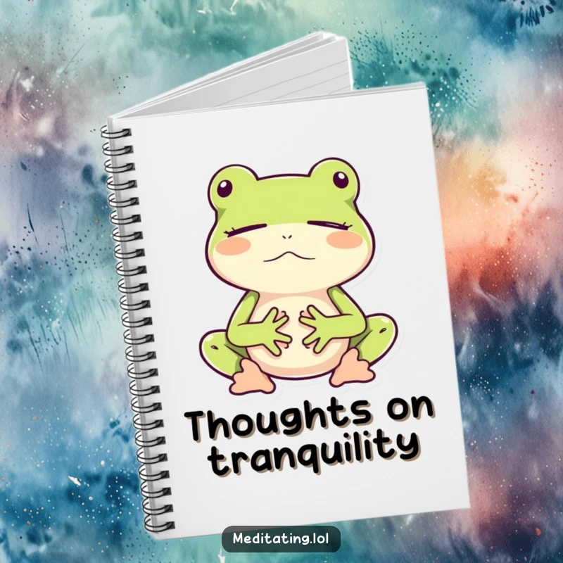 Funny notebook cover with a frog meditating peacefully while bouncing, inspiring thoughtful and lighthearted entries.