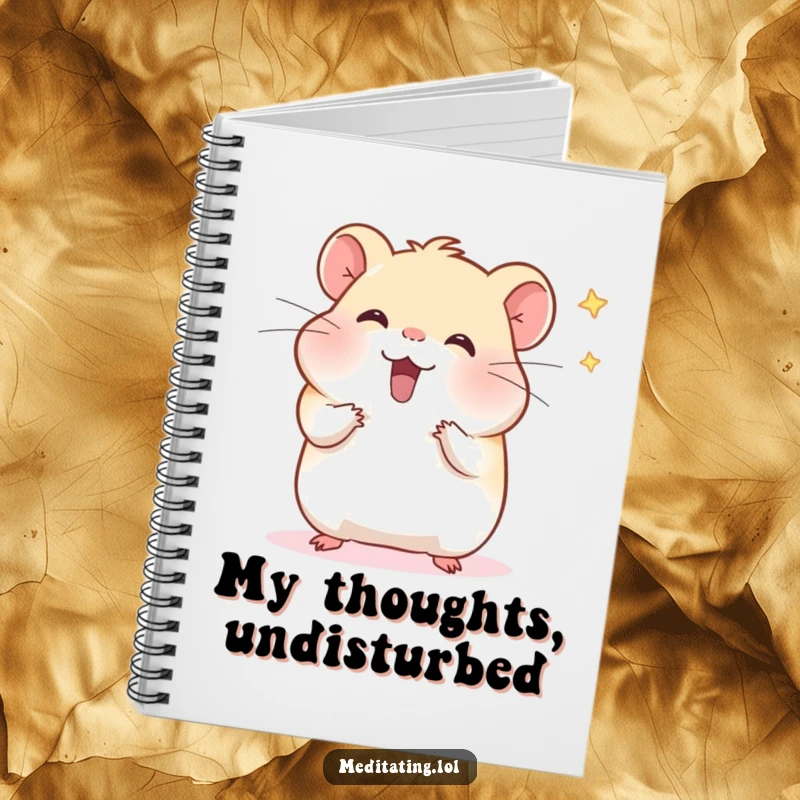 Funny hamster meditation notebook for note-taking, featuring a cheerful hamster wafting distractions, promoting peaceful and humorous writing.