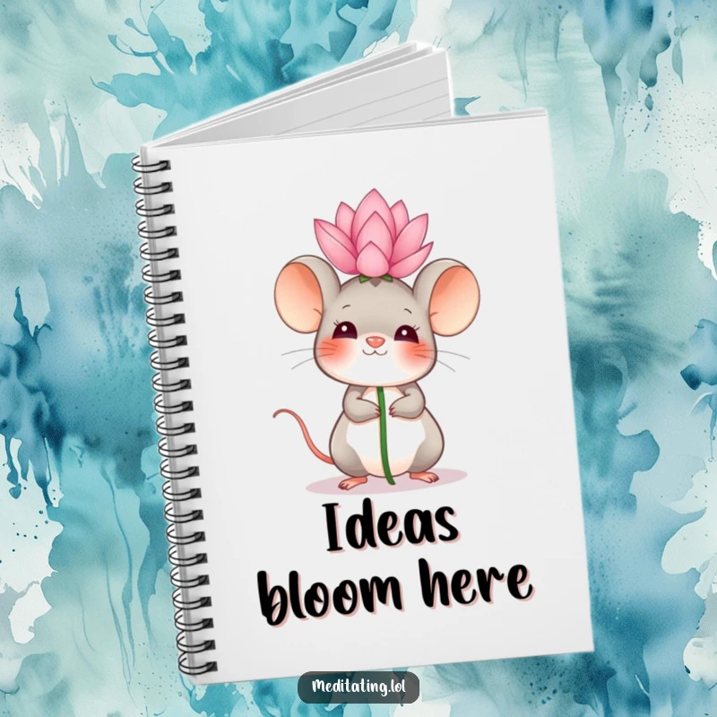 Funny Notebook with a giggling mouse balancing a lotus flower, ideal for writing, drawing, and capturing peaceful ideas.