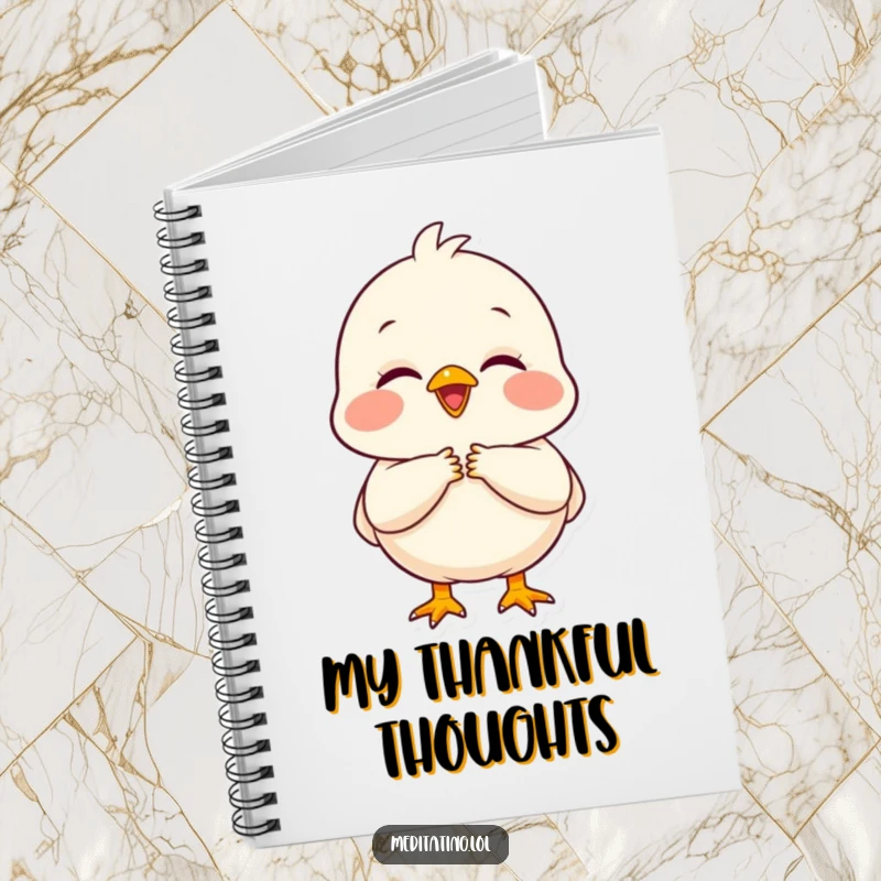 Funny chick notebook featuring a delighted chick with folded hands, ideal for capturing grateful thoughts.