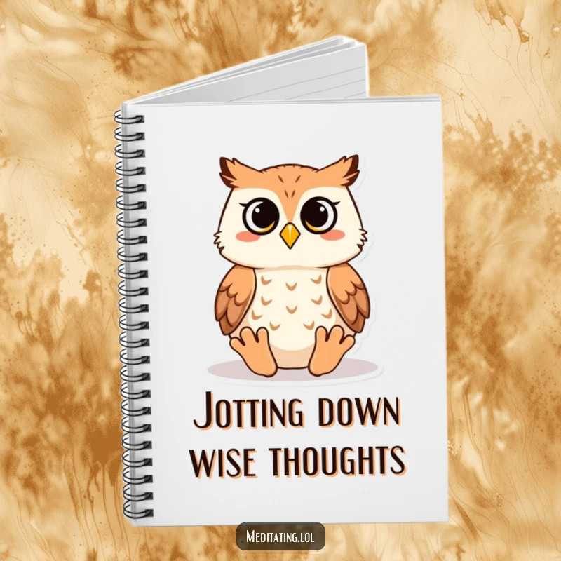 Funny owl meditation notebook for jotting down notes, featuring a wise owl in a calm pose, promoting peaceful and humorous writing.