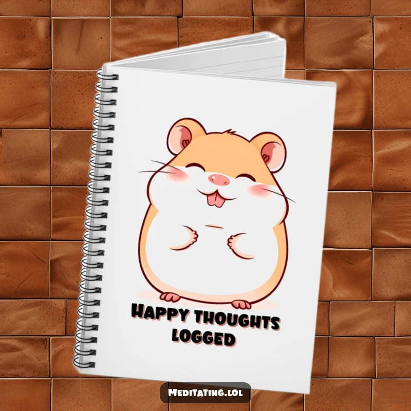 Funny notebook cover with a giggling hamster sporting a peaceful smile, inspiring happy thoughts and cheerful writing.
