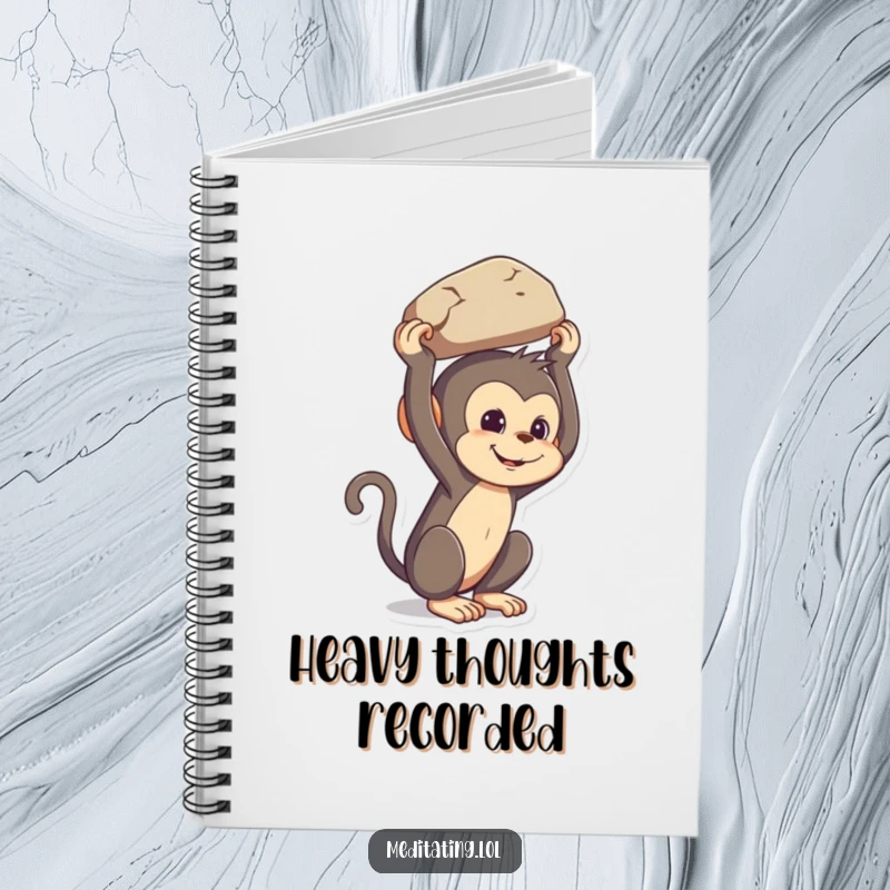 Funny mischievous monkey notebook, cover art shows a primate balancing a rock on its head, perfect for jotting down ideas.