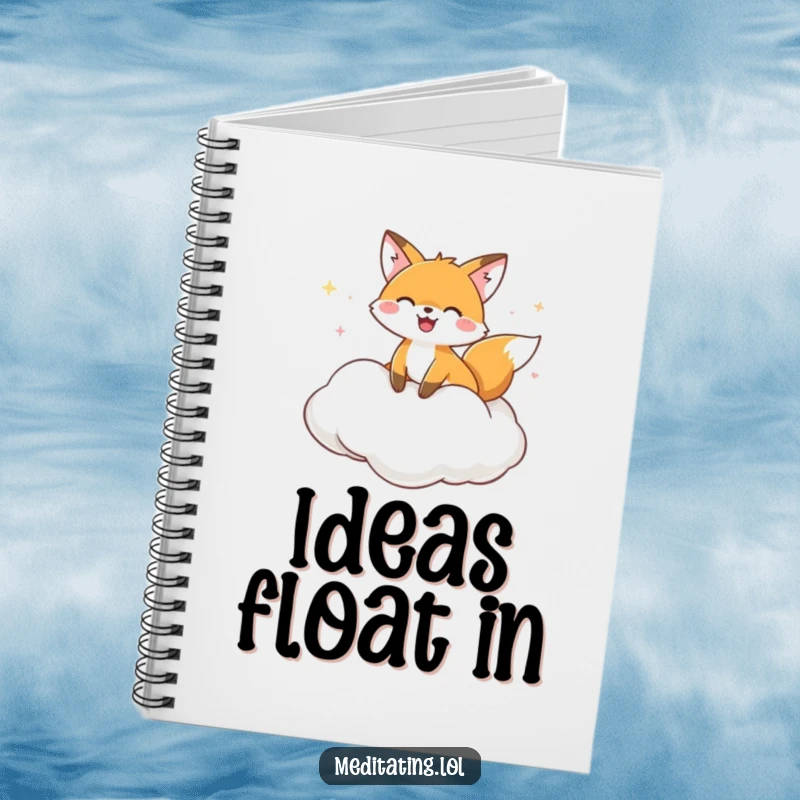 Funny Notebook with a joyful fox relaxing on a cloud cushion, ideal for writing, drawing, and capturing happy ideas.