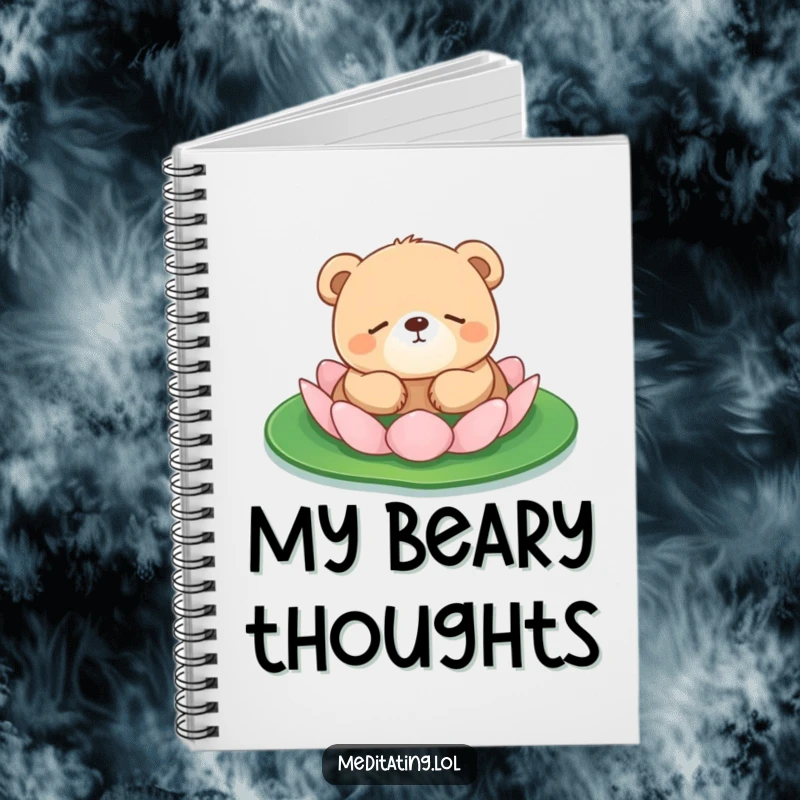 Funny bear cub notebook featuring a bear cub floating on a lily pad, ideal for jotting down relaxed thoughts.