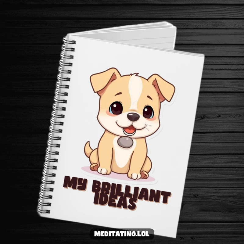 Funny dog notebook with lined pages, depicting a playful dog balancing a pebble on its nose, perfect for journaling and a fun gift.