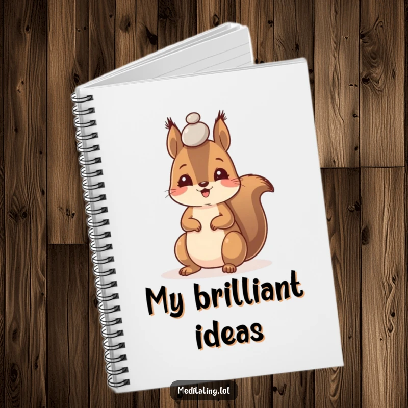Funny notebook featuring a happy squirrel with amazing focus, balancing a pebble on its forehead.