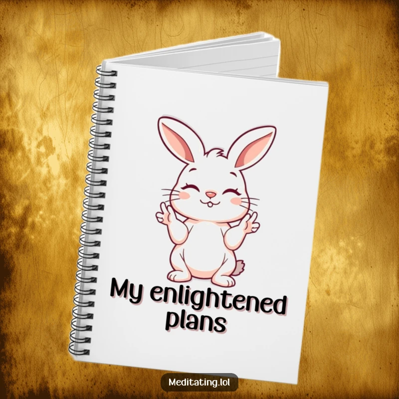 Funny bunny notebook with a playful bunny peacefully holding its paws in a mudra, perfect for serene journaling.