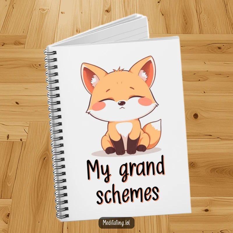 Funny curious fox notebook, cover art shows a fox with eyes closed in deep contemplation, perfect for journaling wisdom.