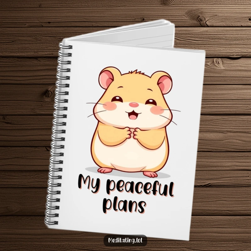 Funny cheerful hamster notebook, cover art shows a hamster holding paws together in stillness, perfect for journaling joy.